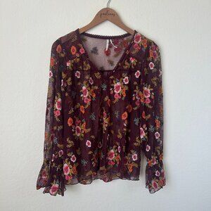 Anthropologie Floral Sheer Blouse - Burgundy and Multicolor